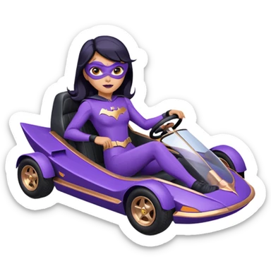Hot full size real-appearance racing action BatGirl’s Lego feminine midnight-purple tight outfit sixty’s tv show 1992 stealthy retro sporty petite off-road pursuit hovering hover cruiser car rose gold accents (black hair,reclined and relaxed seating position) go kart sticker