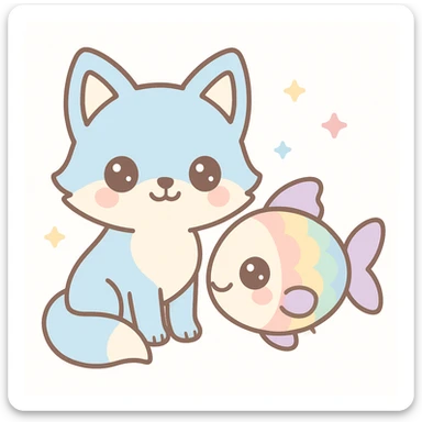 a cute blue fox and a rainbow fish as friends, soft pastel colors, kawaii style, big eyes, gentle expressions sticker