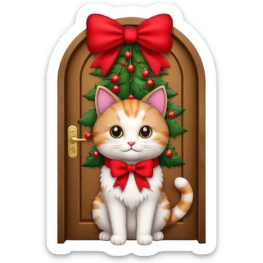 A door with a cat in front of it with h christmas elements on the door sticker