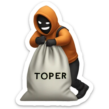Thief stealing money bag with the word Toptier embroidered on it sticker