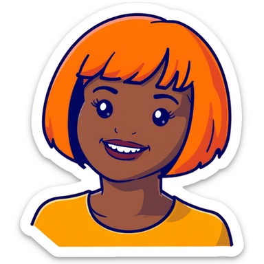 dark skinned Black woman with orange bob wig like Chucky's hair, visible plaque on her teeth sticker