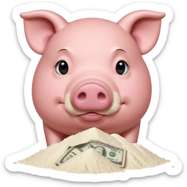 A pig with a dollar bill held to his nose looking down at a small pile of flour  sticker