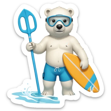friendly anthropomorphised polar bear standing out of the pool, wearing surf board shorts and a scuba mask with snorkel sticker