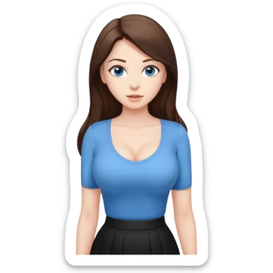 sexy woman brunette, very large breasts, pale skin, blue eyes, long brown hair, tight white blouse, short black skirt. office.  sticker