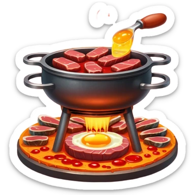 Iron-rich foods (liver, steak, sardines, dark chicken meat, egg yolk) surrounding a glowing forge that transforms them into bright red blood cells. The blood cells carry tiny oxygen molecules throughout a luminous outline of a body, bringing energy to muscles and vital organs. sticker