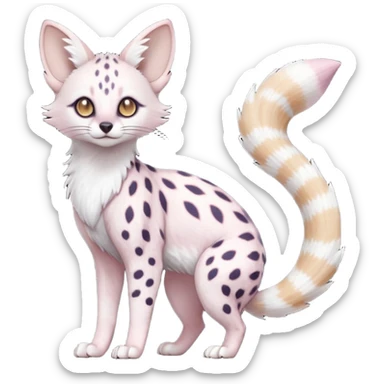 White Albino pastel whitish grey-spotted Serval-Civet-Genet-Trico-Furret-Linoone-Noibat-Espeon-Fakémon-Pokémon-animal-hybrid-fusion-creature (full body) with vibrant glowing eyes, cute, elegant, soft, realistic, pastel fur sticker