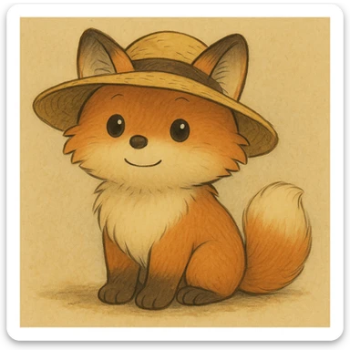 A cute, fluffy fox with a round head in the style of Studio Ghibli, wearing a hat. sticker