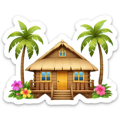 Hawaiian beach house, small tropical house, wooden walls, thatched roof, colorful flowers, palm trees, cute mobile game icon, 3D cartoon, bright colors, soft shadows, clean background, no text, no watermark sticker