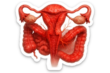 utero umano anatomico iperrealistico e intestino umano anatomico iperrealistico hanno in comune il dolore e l'infiammazione, rendi bene il collegamento tra i due organi doloranti, falla iperrealistica, non disegnata sticker