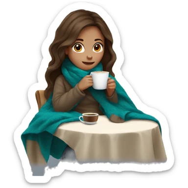 Brown hair Girl drinking coffee, with a cozy blanket sticker