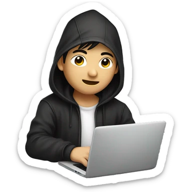 A Asian boy is developer dressed as developer wearing dark hoodies working on a laptop. Background transparent, remove dot  sticker