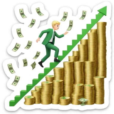 Emoji-style 3D illustration of a person climbing stairs made of money labeled “$10K” and “$20K”, with confetti and upward green arrows, bright optimistic lighting sticker