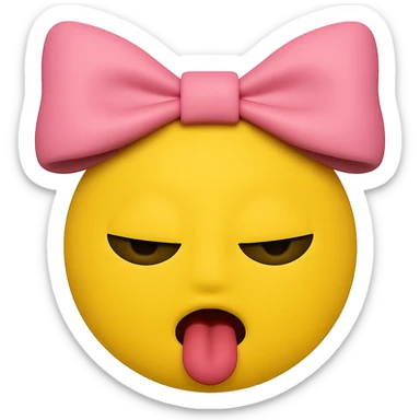 Edit the image to remove the hair and make the skin yellow. Keep the tongue out, eyes closed, and the bow on the head. The style should resemble emoji style. Remove the background completely. sticker