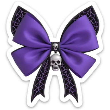 gothic bow with deep purple satin, silver skull charm, black gemstone center, and lace spiderweb overlay, luxurious and gothic sticker