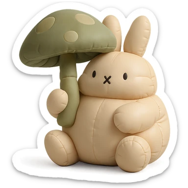 chubby bunny holding a mushroom umbrella, pastel beige and moss green, cushion style sticker