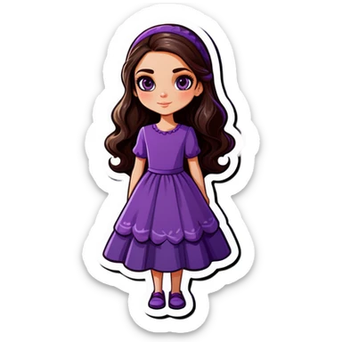 White girl with long dark brown hair in a purple dress sticker