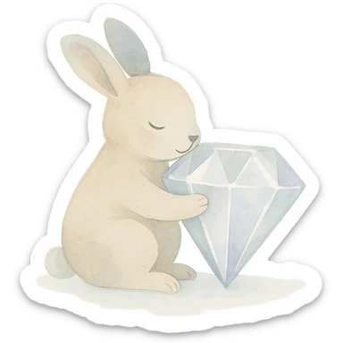 small bunny hugging a shiny diamond, watercolor illustration, light washes, dreamy effect sticker