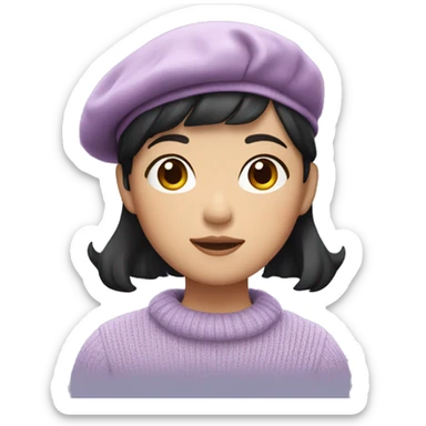korean girl short black hair sharp jawline, attractive wearing a lilac sweater and beret sticker
