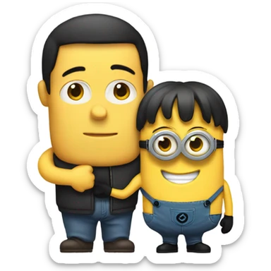 black hair men hugging a minion  sticker