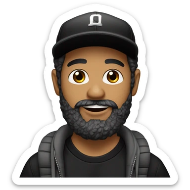 latino guy with salt and pepper beard, black baseball cap, black t-shirt, riding a skateboard sticker