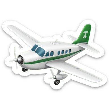 A 3D cartoon small twin-propeller airplane flying low over fields, gentle lighting, bright background, Memoji-style rendering. sticker