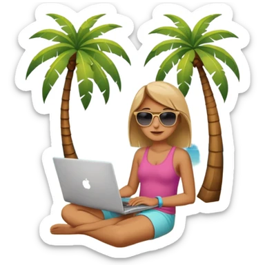 A gender-neutral person sitting with a laptop on the beach. A palm tree nearby, sun and sea in the background. Relaxed, summery atmosphere. Simplified shapes, no detailed facial features, clean emoji-like design. sticker