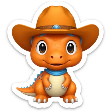 A emoji of a small dino plushie that's orange with a cowboy hat sticker