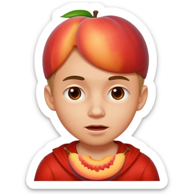 Boy with his face stuck in a juicy peach sticker