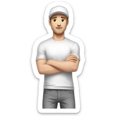 Pale skinned fit Man with dark brown hair in a white cap, gray jeans and gray polo T-shirt keeping a pasted with tape box into his hands sticker
