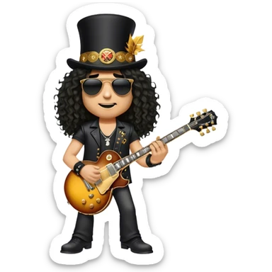 Create a rockstar emoji representing Slash from Guns'n Roses with his iconic Gibson Les Paul guitar. The design should feature Slash with his signature top hat, long curly hair, and sunglasses, holding the iconic Gibson Les Paul guitar. The guitar should be prominently displayed with its classic sunburst finish and gold hardware. Add subtle stage elements like a microphone stand and electric guitar cables to reflect the live performance energy. Use rich, dark colors like black, gold, and sunburst wood tones to convey the classic rock vibe. The background should be transparent.  sticker