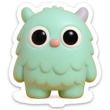 fluffy monster with soft fur texture, big round eyes, small ears, pastel color palette, toy-like sticker