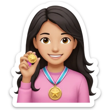 black haired girl wearing pastel pink with one medal, remove any hats, make her smile, make her hair longer, make her tan. no blue please and i said one medal only sticker