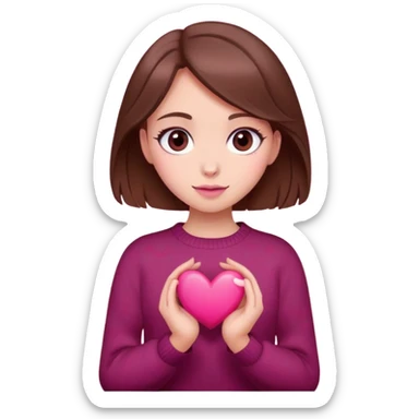 A girl with brown hair smiles, gray eyes, wearing a burgundy sweater, holding a pink heart in her hands  sticker