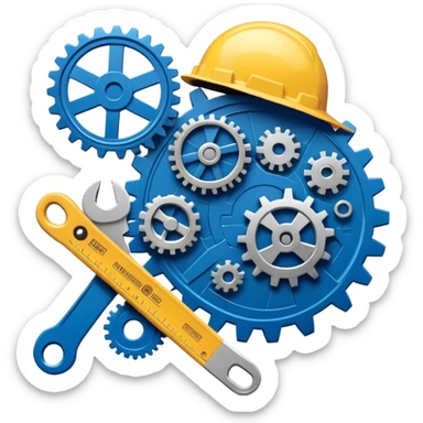 An icon featuring a gear, a wrench, and a blueprint, symbolizing engineering. The design includes a hard hat, a circuit board, and a ruler, representing problem-solving, design, and technological innovation across various engineering fields. Transparent background sticker
