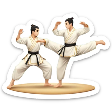 Two martial artists in traditional Wushu attire, performing elegant, fluid moves. The background shows a peaceful, scenic landscape with mountains and bamboo trees, symbolizing the balance of power and grace in Wushu.  sticker