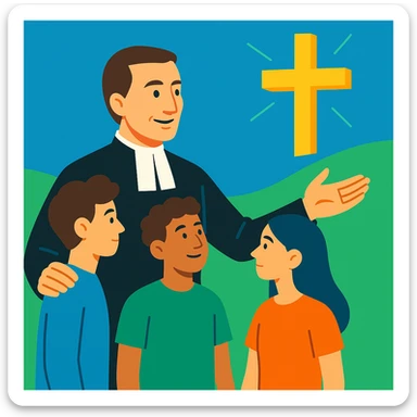 modern Christian vocational animation, Brother Gabriel Taborin guiding young people, minimalist and current style, blue and green tones, symbol of Christian hope sticker