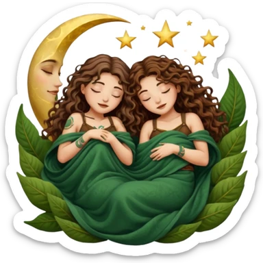 two forest alchemist women — one with long wavy brown hair and tattoos, one with short tight curly brown hair — sleeping back to back under leaf blanket crescent moon above sticker