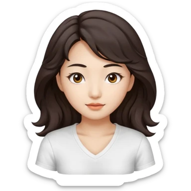iOS style emoji. A girl with very long dark brown wavy hair. And the eyes color is dark brown. And she is wearing white t shirt with V kneck. And she is 30. She is Asian with double eyelids  sticker