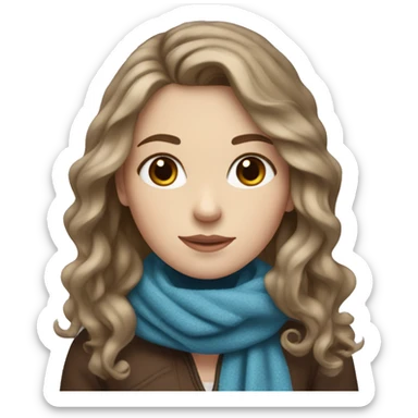 White girl with dark blonde wavy hair, a brown and brown scarf in winter. She has blue eyes. sticker