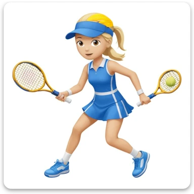 white young girl playing tennis, blue dress, white shoes, blue visor, white socks, blonde hair, two tennis rackets, tennis ball sticker