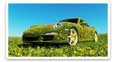 Closeup shot of a porsche 911, body of car made of grass and big colorfull flowers, green hill grass, blue clear sky, dutch angle, captured by ARRI 65 sticker