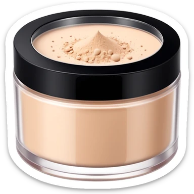 Create an emoji of Huda Beauty loose powder in its round, flat jar, short and wide, frosted or matte plastic, black screw-on lid, minimal luxe makeup packaging, clean glam aesthetic. sticker