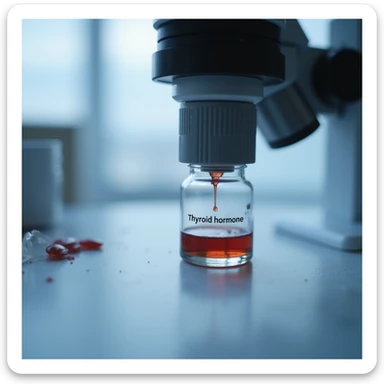 Hyperrealistic 4K image of laboratory slide with blood drop and caption 'Thyroid hormone assay', microscope in background sticker