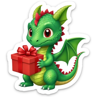 a cute baby dragon is holding a carton gift with red ribbon sticker