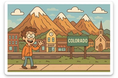 cartoon-style Colorado cityscape nestled at the base of dramatic mountains, playful and bright sticker