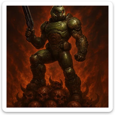The Doomslayer, standing on a pile of demon skulls, green armor, shotgun in hand, intense and heroic, inspired by Doom Eternal sticker