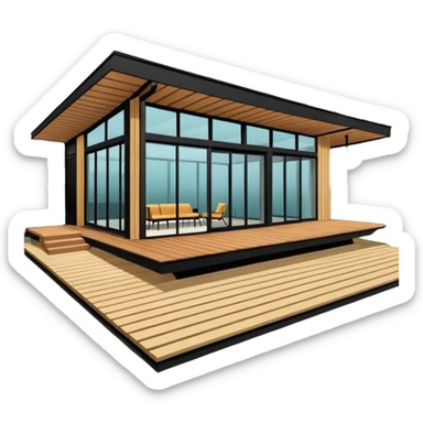 midcentury modern house with 1000 sqft and all windows and a sliding windows on corner. Single story. High ceilings, black and vertical wood slats for outside walls of home. Wood deck with complementary but different wood and shade from larger wood slats. With overhanging shade and slats. sticker