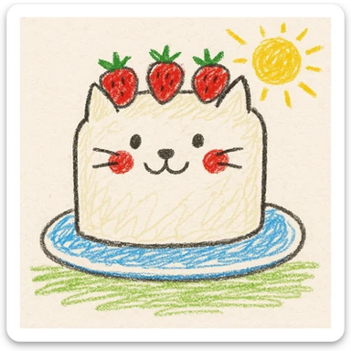 white cake shaped like a cat with strawberries on top, children doodle style, fun and friendly sticker