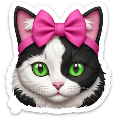 A black and white cat with green eyes she has a hot pink bow on her head  sticker