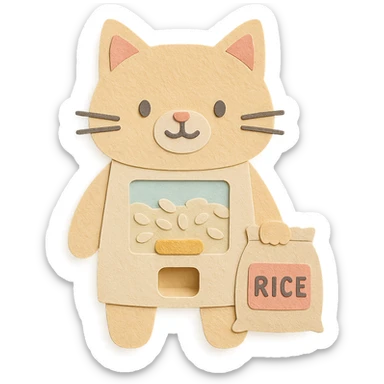 cute cat-shaped rice dispenser standing with a small rice bag, soft pastel palette, full-body sticker
